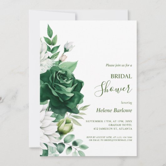 エメラルドグリーンモダンエレガントフローラブライダルシャワー 招待状 (正面)