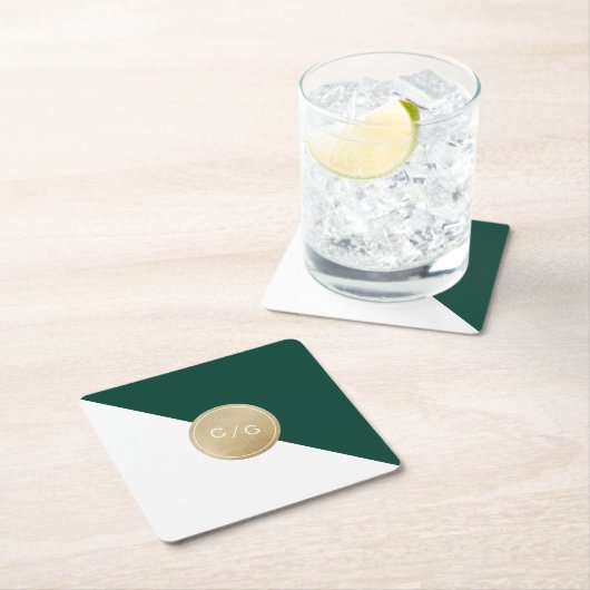 エメラルドグリーンモダンミニマ結婚リストのモノグラム スクエアペーパーコースター (インサイチュ)