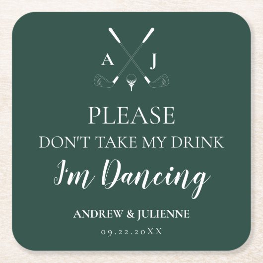 エメラルドグリーンモダンモノグラム結婚ゴルフ スクエアペーパーコースター (正面)