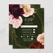 エメラルドグリーンモダン金ゴールドダークフローラウェディングRSVP 招待状 (正面/裏面)