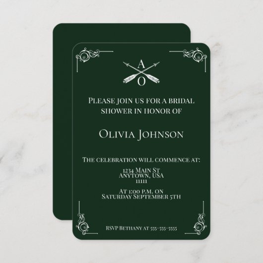 エメラルドグリーンモノグラムアンドアローズブライダルシャワー 招待状 (正面/裏面)