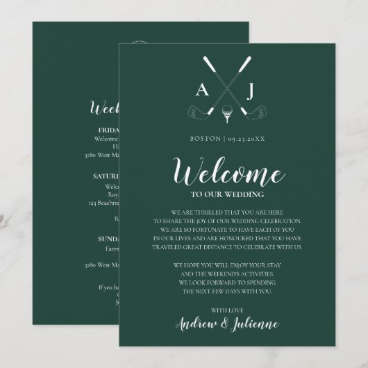 エメラルドグリーンモノグラムゴルフウェディングウェルカムノート 招待状 (正面/裏面)