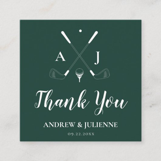 エメラルドグリーンモノグラムゴルフ結婚式の引き出物ラベル スクエア名刺 (正面)