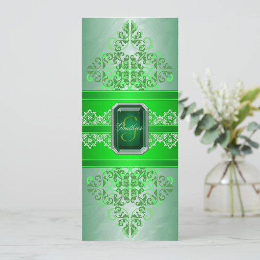 エメラルドグリーンモノグラムリボン結婚式招待状 招待状 (スタンド正面)
