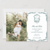 エメラルドグリーンモノグラムヴィンテージクレスト日付を保存 マグネット招待状 (正面)