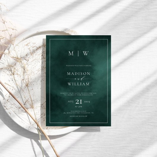 エメラルドグリーンモノグラム&エレガ縁どントウェディング 招待状