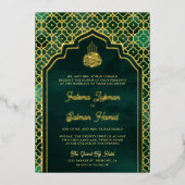 エメラルドグリーンモロッコアーチムスリム結婚ズ金ゴールド 箔招待状 (正面)