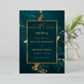 エメラルドグリーンモンステラ金ゴールドフォイルは日付を保存 箔招待状 (立ち正面)