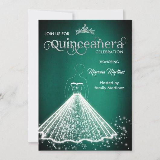 エメラルドグリーンラグジュアリーシックなスパークルドレスカーンス 招待状 (正面)