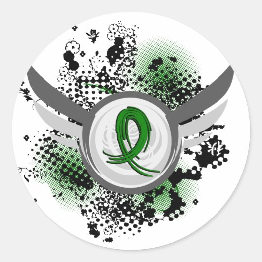 エメラルドグリーンリボン及びウイング肝癌 ラウンドシール (正面)