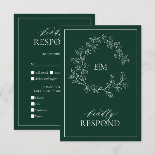 エメラルドグリーンリーフェイスクレストモノグラムウェディングRSVP 出欠カード (正面/裏面)