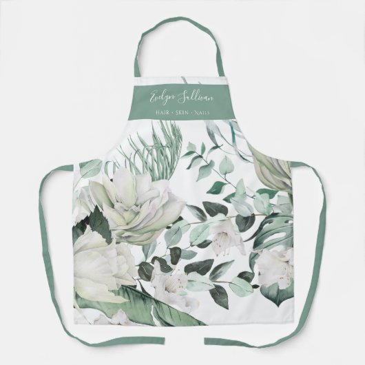 エメラルドグリーンリーホワイトフラワーズ美しいプロフェッショナル エプロン (正面)