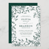 エメラルドグリーンリーヴィンテージシンプルボタニカル結婚ズ 招待状 (正面/裏面)