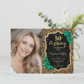 エメラルドグリーンレオパード写真第50誕生日 招待状 (スタンド正面)