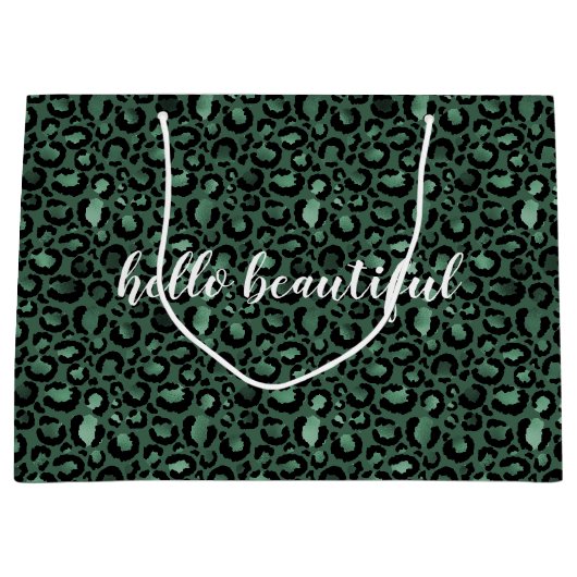 エメラルドグリーンレオパープリントパーソナライズされた引用文 ラージペーパーバッグ (正面)