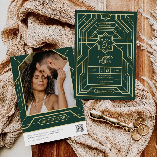 エメラルドグリーンレトロ金ゴールドアールデコQRコードフォト 招待状