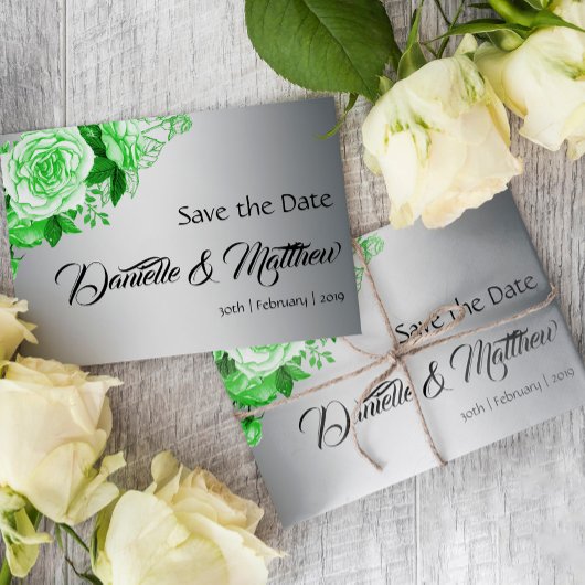 エメラルドグリーンローズブーケ結婚オンシルバー 案内ポストカード