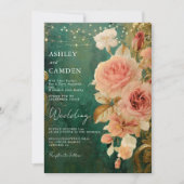 エメラルドグリーンヴィンテージフローラ結婚式招待状 招待状 (正面)