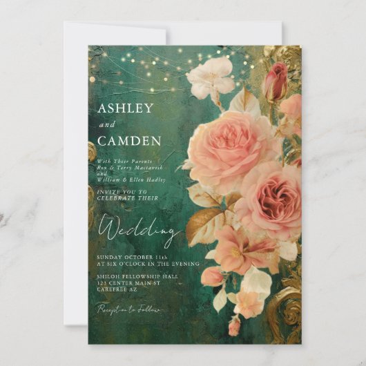 エメラルドグリーンヴィンテージフローラ結婚式招待状 招待状 (正面)