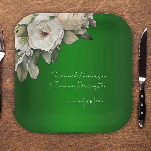 エメラルドグリーンヴィンテージホワイトローズ結婚ズ ペーパープレート