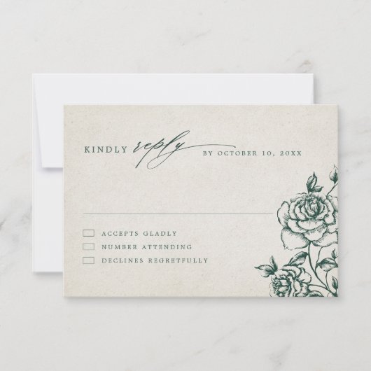 エメラルドグリーンヴィンテージ結婚植物園 出欠カード (正面)