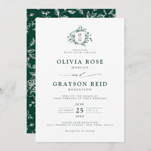 エメラルドグリーンヴィンテージ結婚植物園 招待状 (正面/裏面)