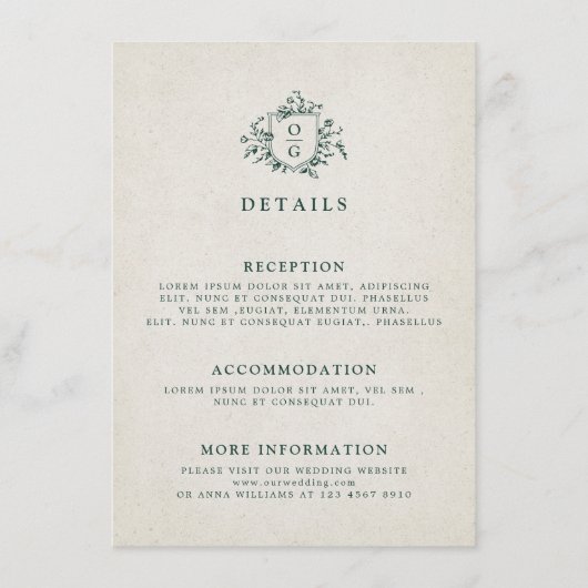 エメラルドグリーンヴィンテージ結婚植物学の詳細 エンクロージャーカード (正面)