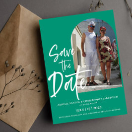 エメラルドグリーン写真保存招待状 セーブザデート