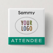 エメラルドグリーン出席者名バッジ(ロゴ付き正方形) 缶バッジ (正面)