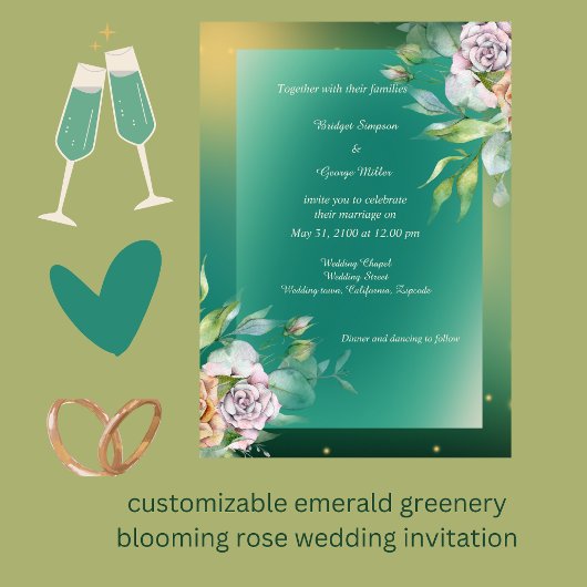 エメラルドグリーン咲くバラ結婚ズ 招待状