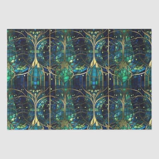エメラルドグリーン天樹ステンドグラス模様 薄葉紙 (正面)