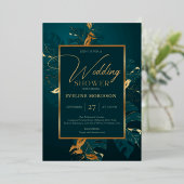エメラルドグリーン実在と金ゴールドフォイルウェディングシャワー 箔招待状 (立ち正面)