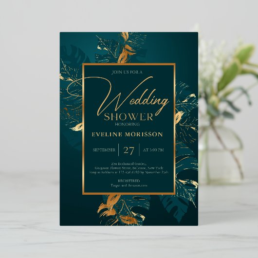 エメラルドグリーン実在と金ゴールドフォイルウェディングシャワー 箔招待状 (立ち正面)