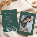 エメラルドグリーン山野外パインツ結婚リー 招待状<br><div class="desc">このモダン結婚式招待状ははっきりした宝石調の背景色と書エレガント跡を持つ。底は白いエレガント山色彩の鮮やかと林のイラストレーションを持つ。招待の後ろに大きな写真と名前と日付とウェブサイトの情報とケーキのアイシング結婚が、必ず行き先の結婚式、山の結婚式や屋外の結婚式のショーを盗む。</div>