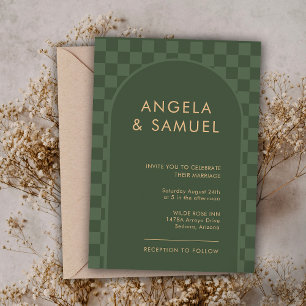 エメラルドグリーン市松模様にモダン結婚式招待状 招待状