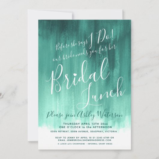 エメラルドグリーン抽象芸術アートブライダルランチ 招待状 (正面)