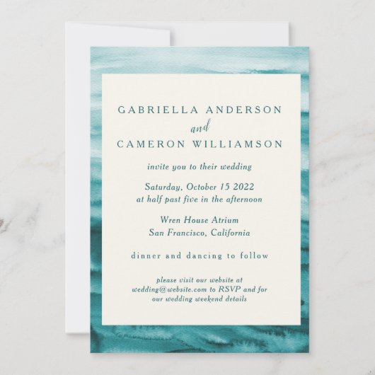 エメラルドグリーン抽象芸術ウォーターカラーエレガントな結婚式 招待状 (正面)