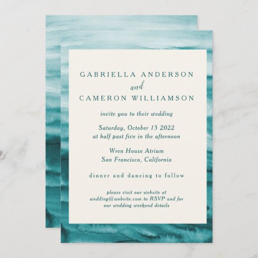 エメラルドグリーン抽象芸術ウォーターカラーエレガントな結婚式 招待状 (正面/裏面)