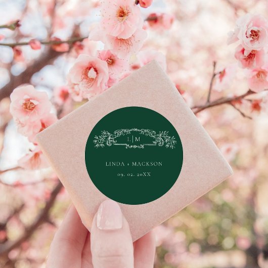 エメラルドグリーン植物冠モノグラム結婚ズ ラウンドシール