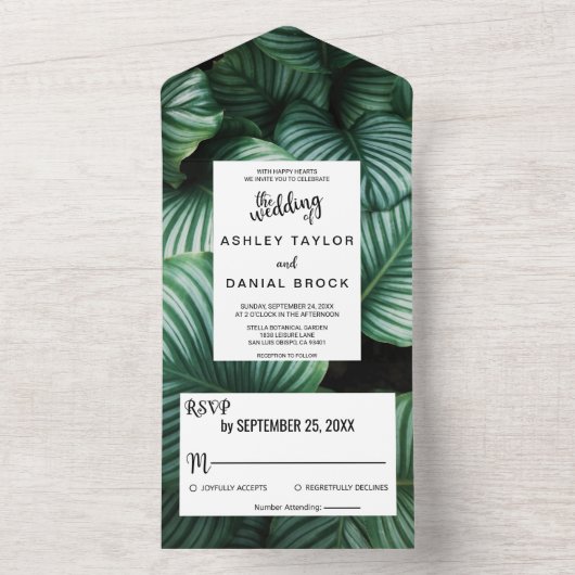エメラルドグリーン熱帯シックフローラ結婚ズオールイン オールインワン招待状 (内側)