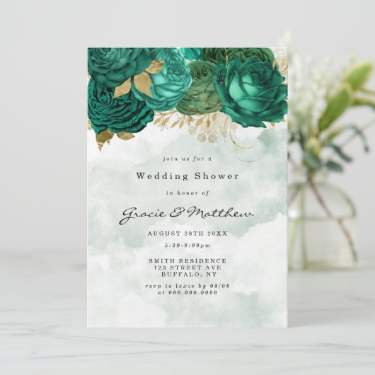 エメラルドグリーン牡丹金ゴールドウェディングシャワー招待状 (スタンド正面)