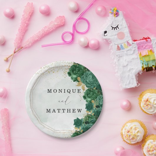 エメラルドグリーン牡丹金ゴールドシャイン結婚ズ ペーパープレート (パーティー)