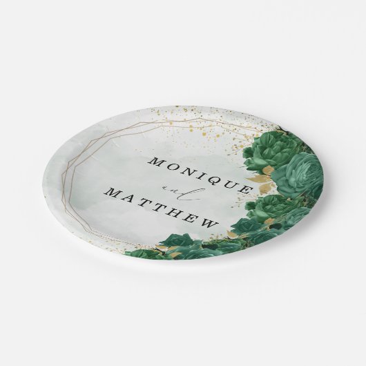 エメラルドグリーン牡丹金ゴールドシャイン結婚ズ ペーパープレート (アングル)