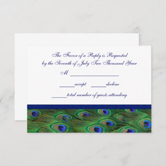 エメラルドグリーン王室のブルーピーコックフェザー結婚ズ 出欠カード (正面/裏面)