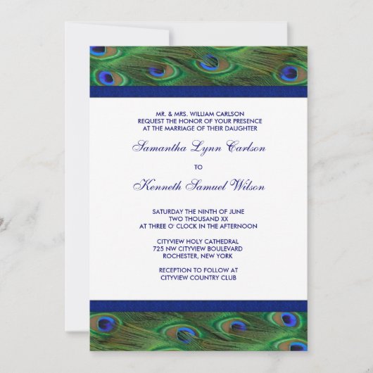 エメラルドグリーン王室のブルーピーコックフェザー結婚ズ 招待状 (正面)