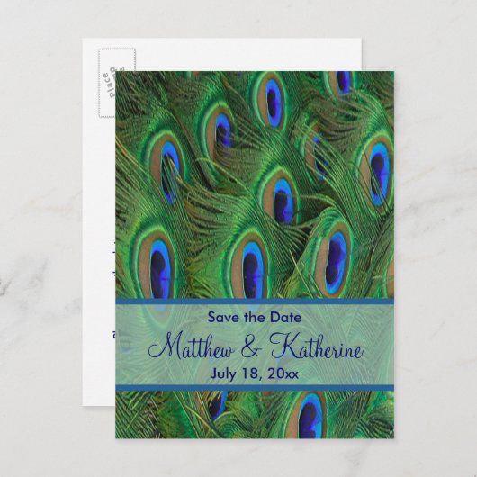 エメラルドグリーン王室のブルーピーコックフェザー結婚ズ 案内ポストカード (正面/裏面)