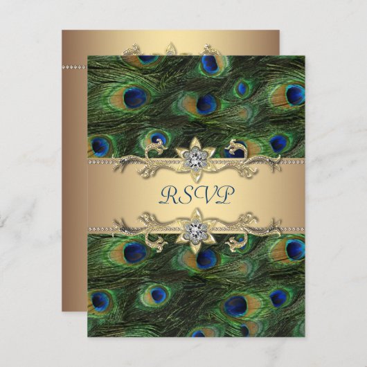 エメラルドグリーン王室の金ゴールドインディアンピーコッ結婚クス 出欠カード (正面/裏面)