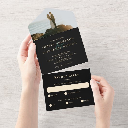 エメラルドグリーン瑪瑙ブラックフォト結婚ズ オールインワン招待状 (貼ってはがせる)