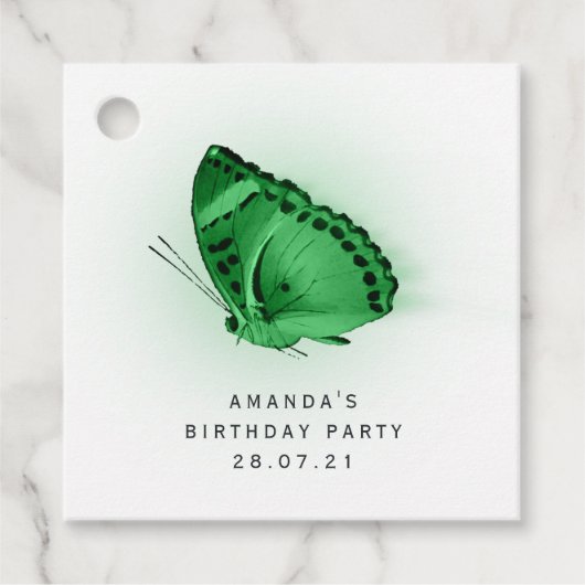 エメラルドグリーン白熱［赤熱］光を放つバタフライとダマスク フェイバータグ (正面)