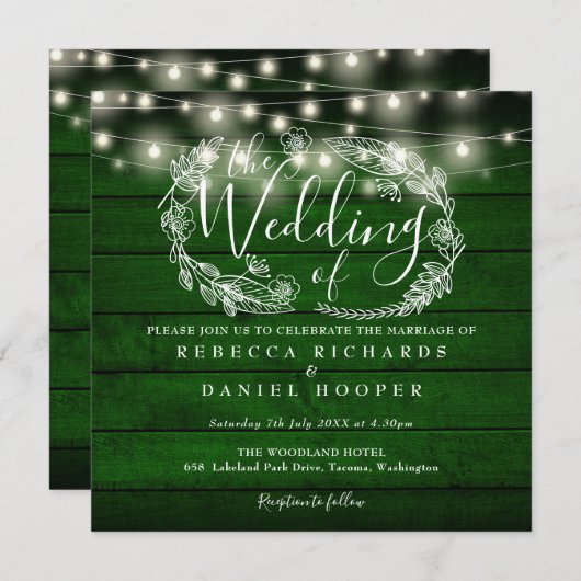 エメラルドグリーン素朴ウッドストリングライト結婚ズ 招待状 (正面/裏面)
